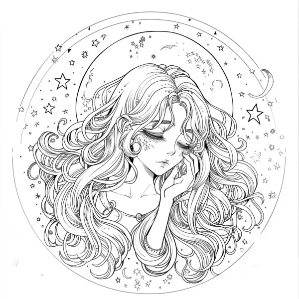 Elf girl with long curly hair surrounded by stars and crescent moons, fantasy illustration style — free printable starry sky coloring book page