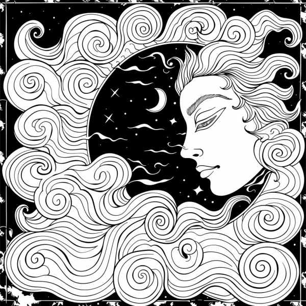 Anthropomorphic celestial face surrounded by swirling organic patterns, art nouveau style — free printable mythology coloring book page