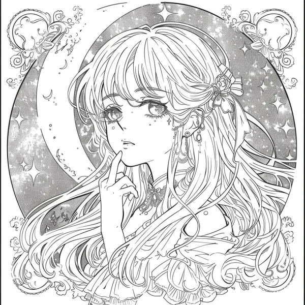 Fantasy long-haired girl with moon and stars, japanese anime style — free printable girl coloring book page