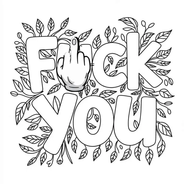 Coloring book page, middle finger gesture integrated with 'fuck you' lettering — free printable vulgar content coloring book page