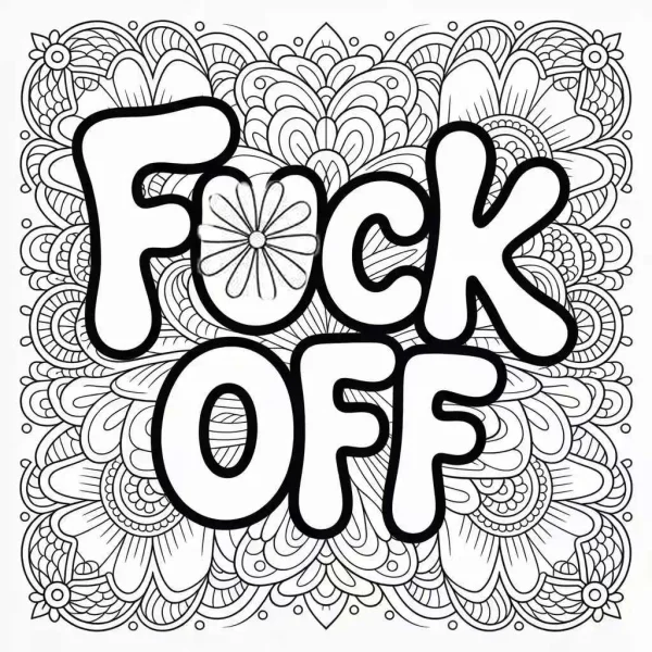 Mandala pattern with bold 'fuck off' art letters, decorative art style — free printable abstract coloring book page