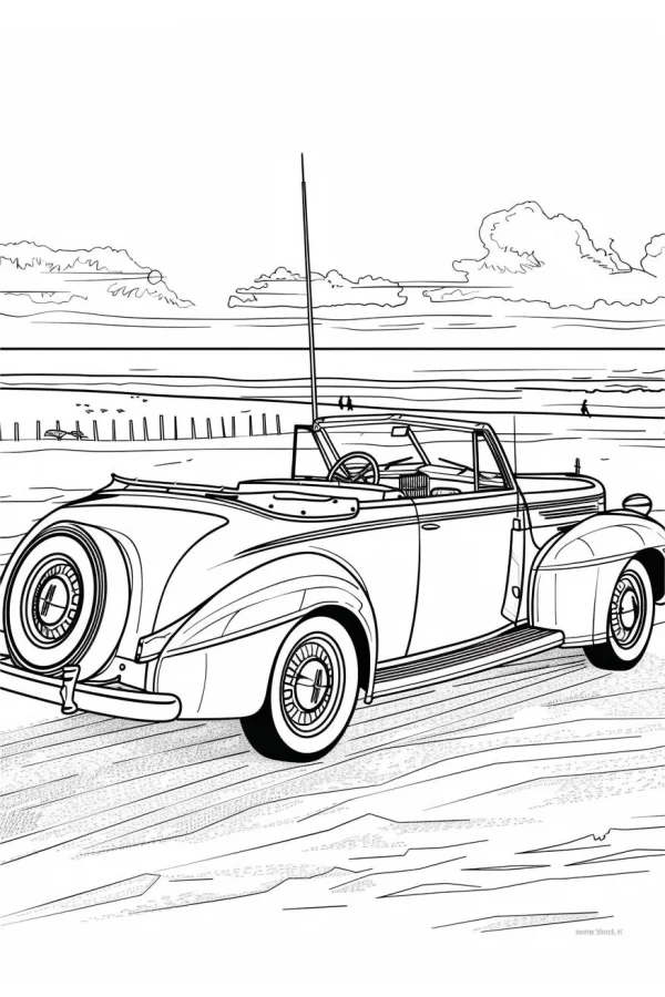 Vintage convertible car, retro realistic style — free printable travel coloring book page