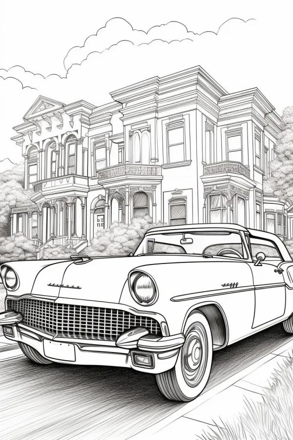 Vintage car parked in front of a retro european mansion, realistic retro style — free printable cars coloring book page