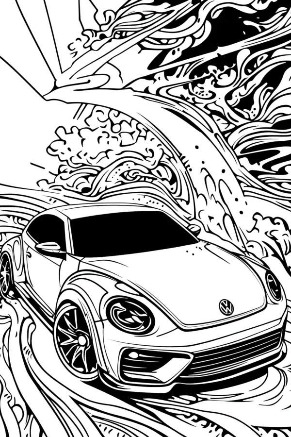 Volkswagen beetle car, cartoon style — free printable abstract theme coloring book page