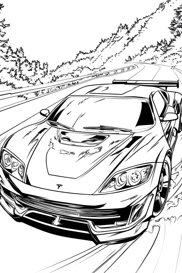 Tesla sports car driving on mountain race track, realistic line art style — free printable cars coloring book page