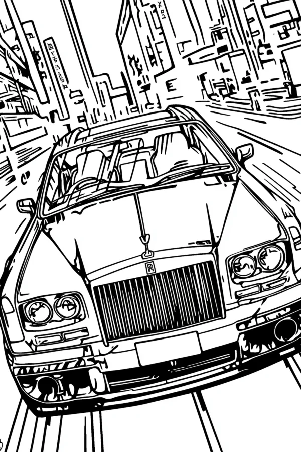 Luxury rolls-royce car on urban city street, realistic line art — free printable city coloring book page