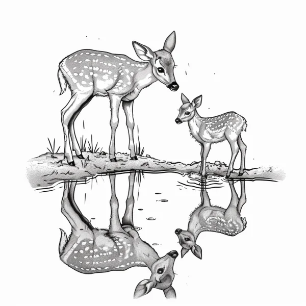 Mother deer and fawn standing by the water with their reflections, realistic sketch style — free printable family coloring book page