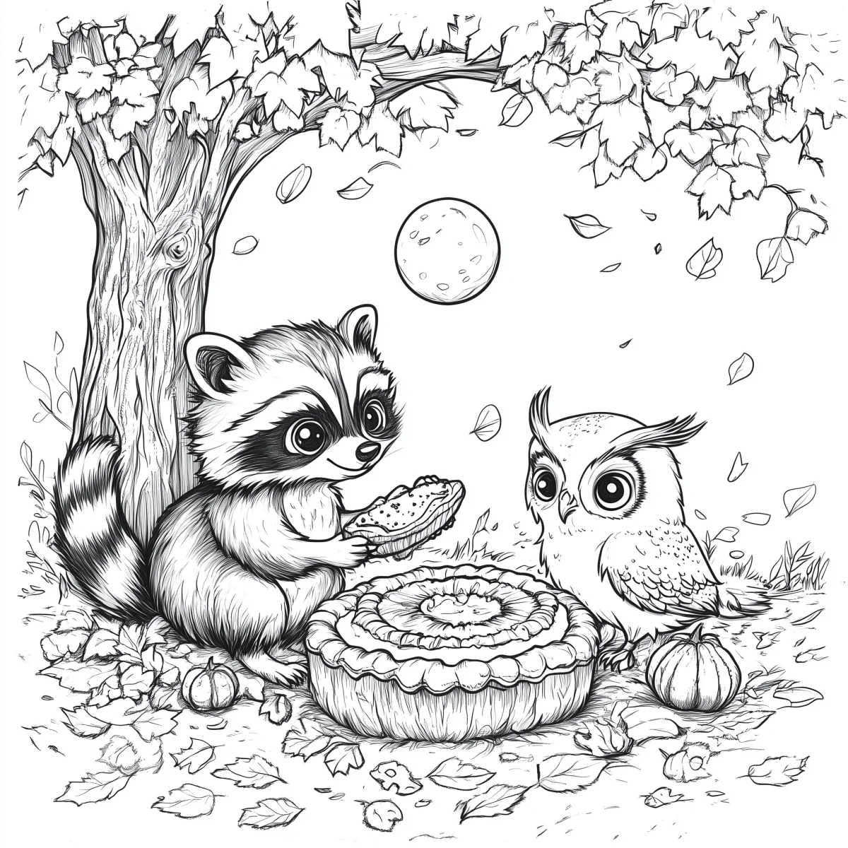 Raccoon and owl sharing pie, cartoon style — cartoon style — moderate detail — line art coloring page — for kids and adults of all ages