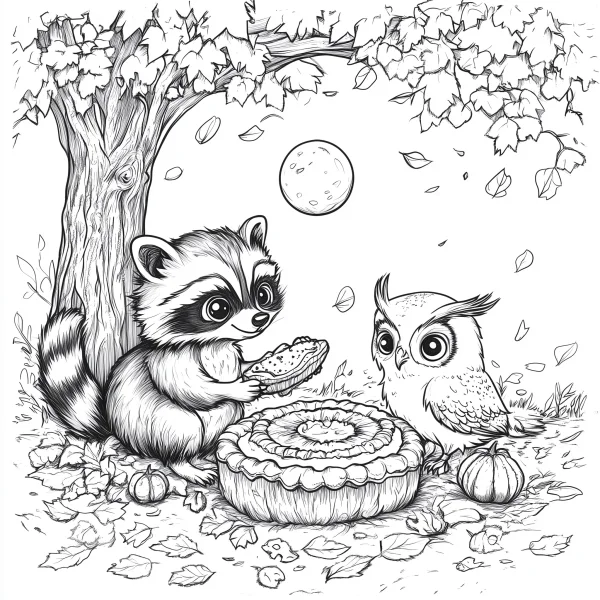 Raccoon and owl sharing pie, cartoon style — free printable autumn coloring book page