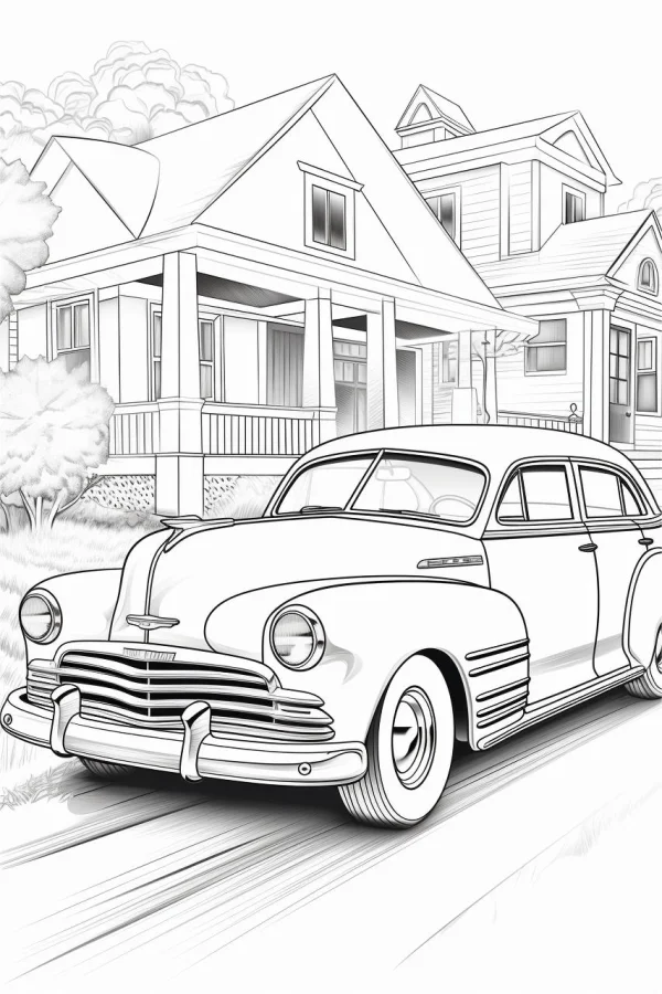 Vintage sedan parked in front of american-style houses, retro realistic illustration style — free printable vintage coloring book page
