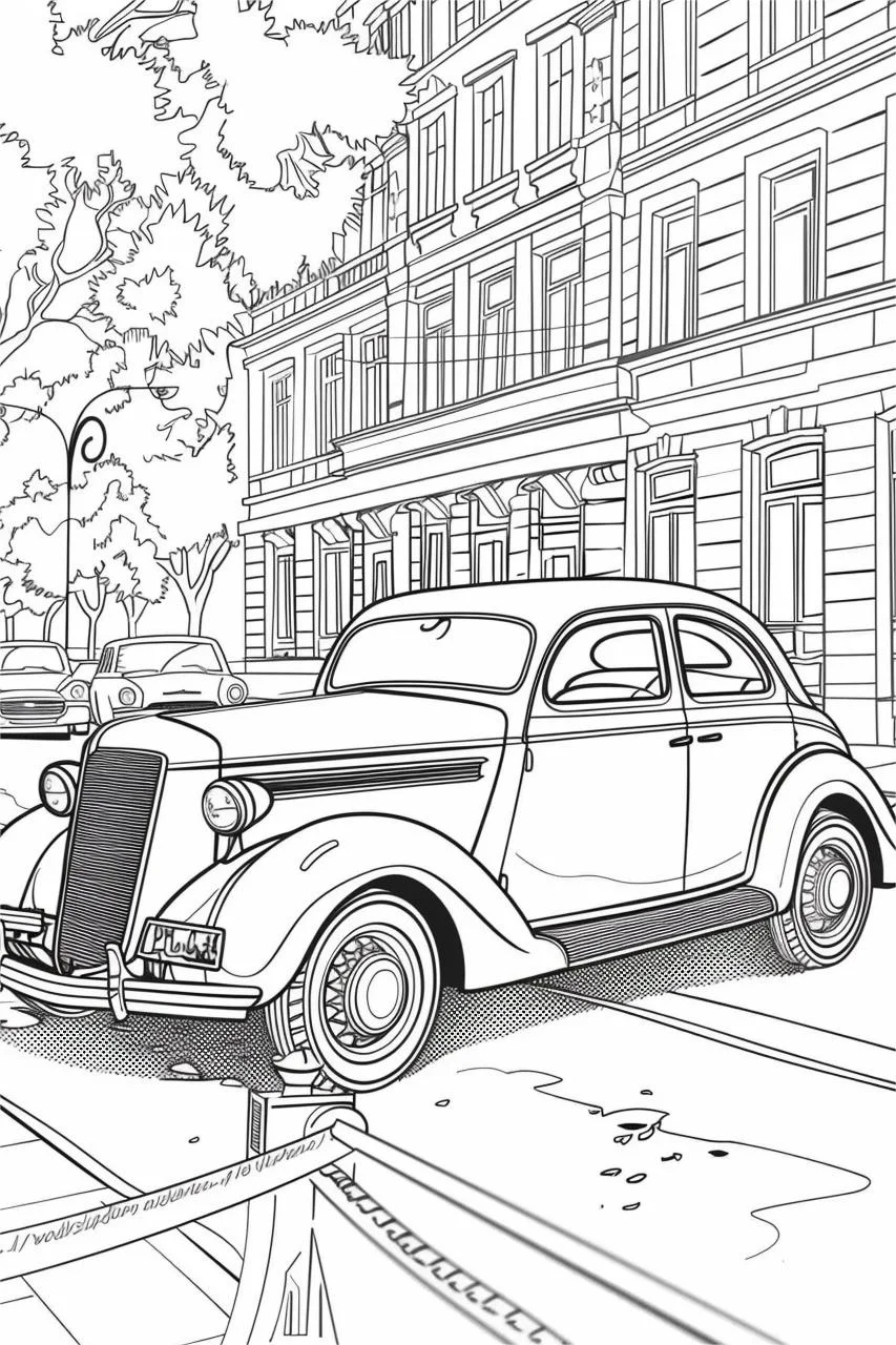 Vintage classic car on urban street, retro realistic illustration style — realistic style — moderate detail — line art coloring page — for kids and adults of all ages