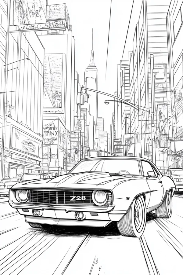 Z28 vintage muscle car, realistic illustration style — free printable city coloring book page
