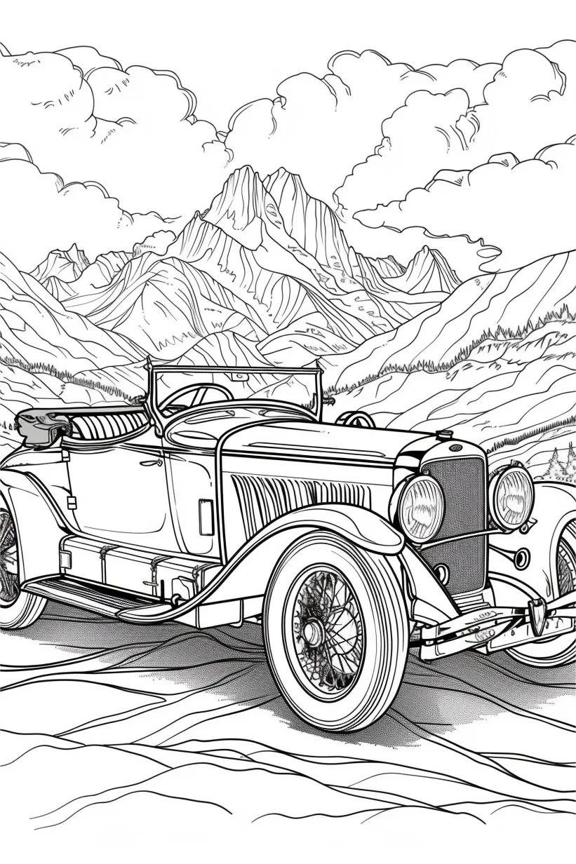 Vintage convertible car, realistic retro style — realistic style — moderate detail — line art coloring page — for kids and adults of all ages