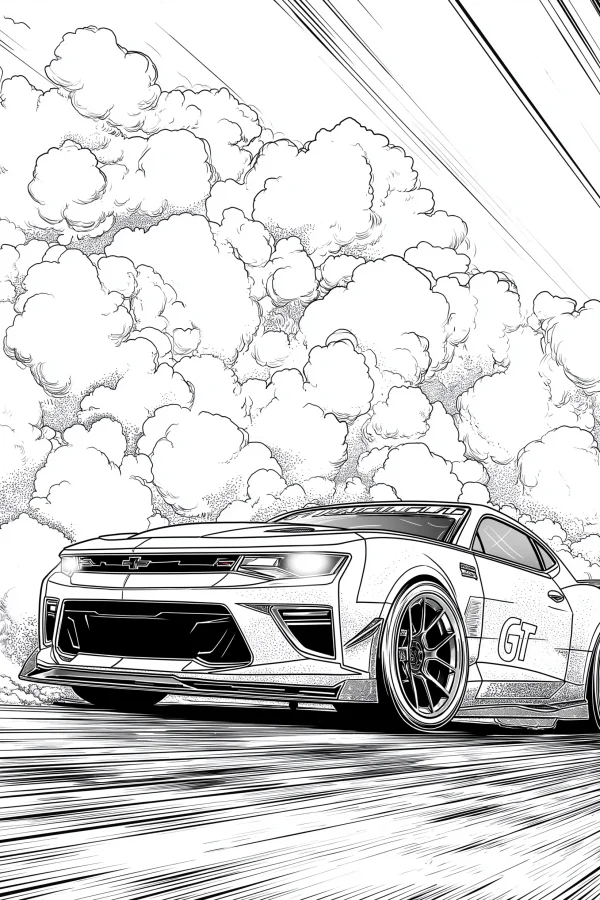 Gt sports car, realistic line art style — free printable cars coloring book page