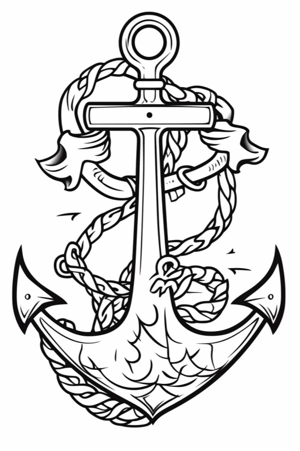 Anchor wrapped with thick rope, realistic line art style — free printable sailing coloring book page