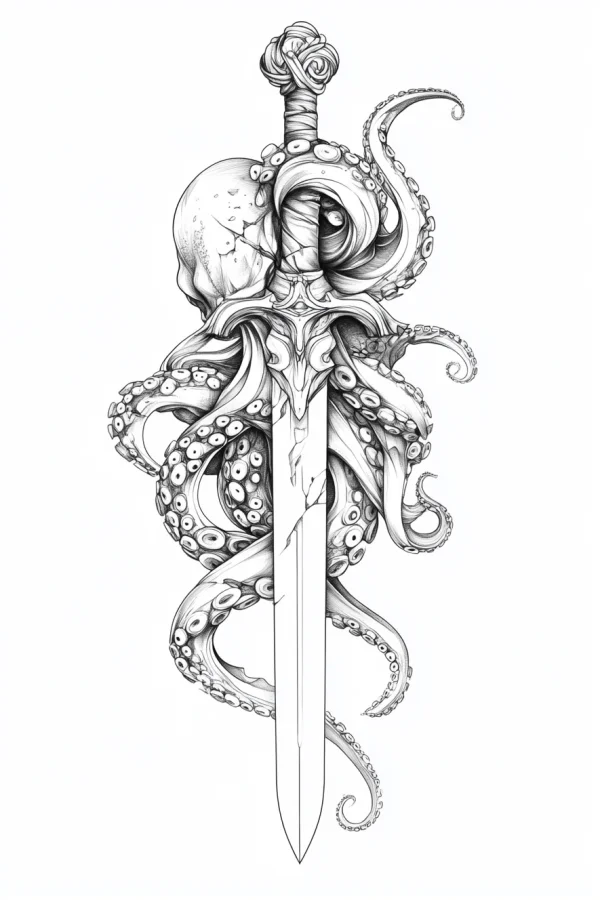 Skull wrapped in octopus tentacles with a sword, gothic style — free printable marine life coloring book page