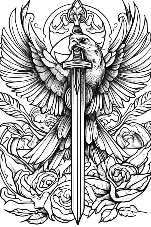 Eagle holding a sword in its beak, retro tattoo style — free printable vintage coloring book page