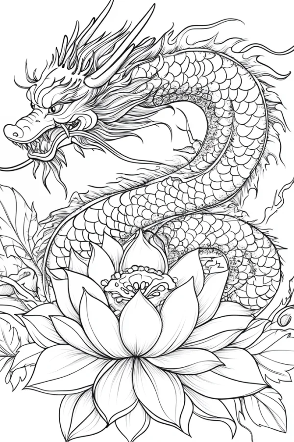 Chinese-style dragon coiled around lotus flower, chinese art style — free printable fantasy creatures coloring book page