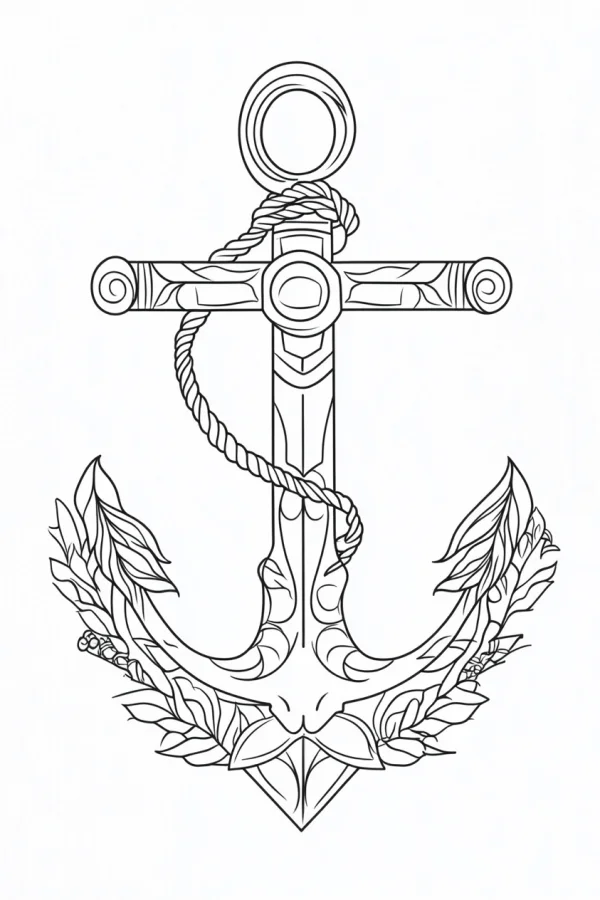 Anchor wrapped with rope and leaf vines, sketch style — free printable sailing coloring book page
