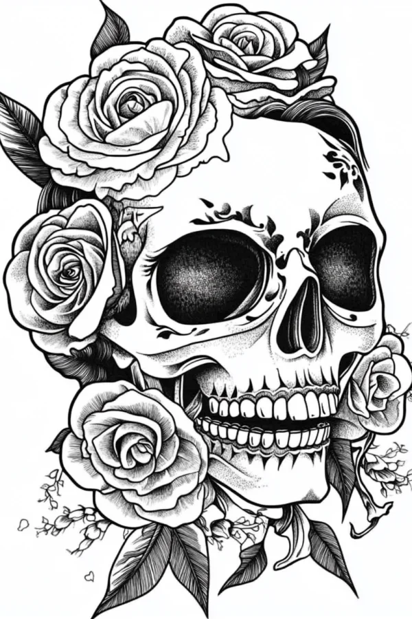 Skull decorated with blooming roses, gothic style — free printable day of the dead coloring book page