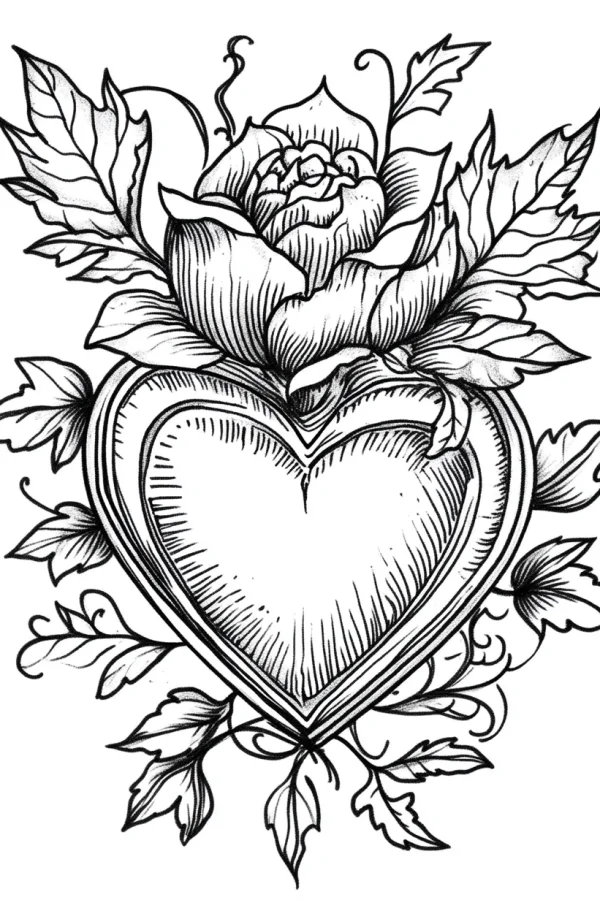 Rose on heart, valentine's day theme — free printable valentine's day coloring book page