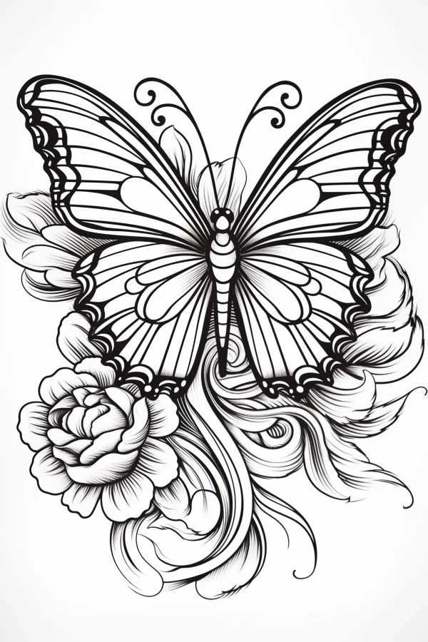 Butterfly with roses decorative patterns, decorative art style — free printable decorative art coloring book page