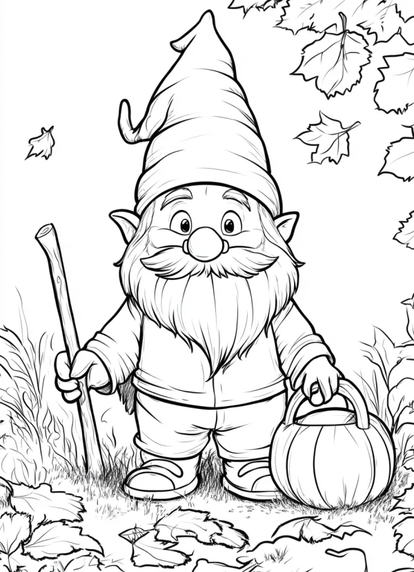 Gnome holding walking stick and pumpkin, cartoon style — free printable autumn coloring book page