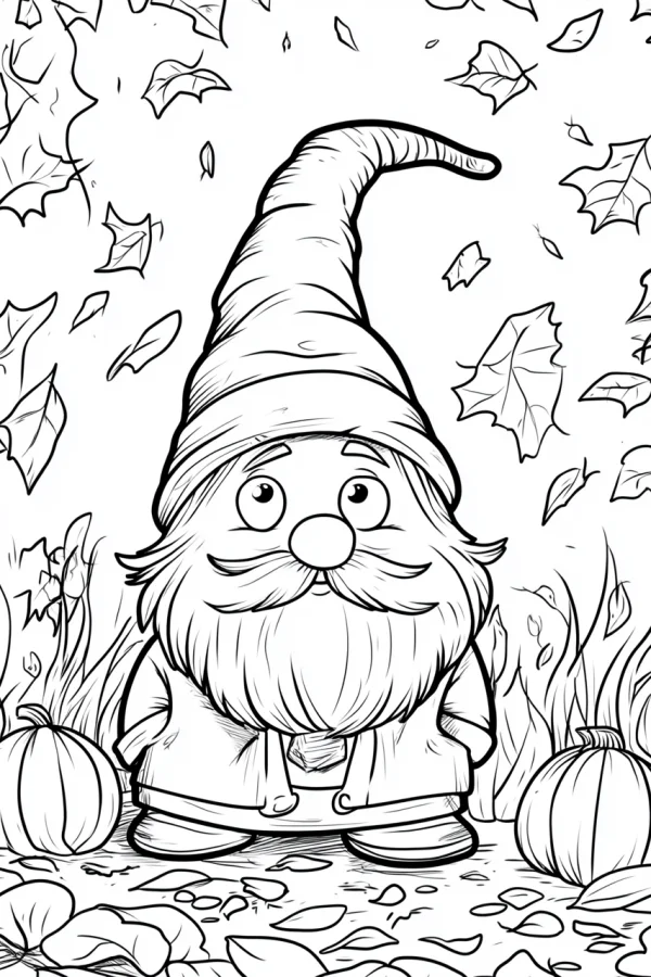 Autumn gnome with a pointed curved hat and bushy beard, cartoon style — free printable autumn coloring book page