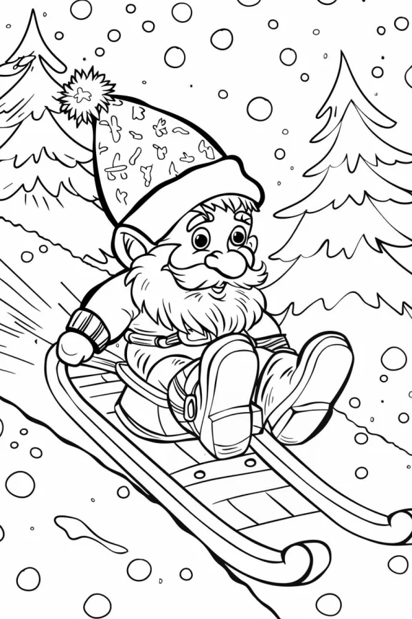 Christmas gnome sledding, cartoon style — free printable sports coloring book page