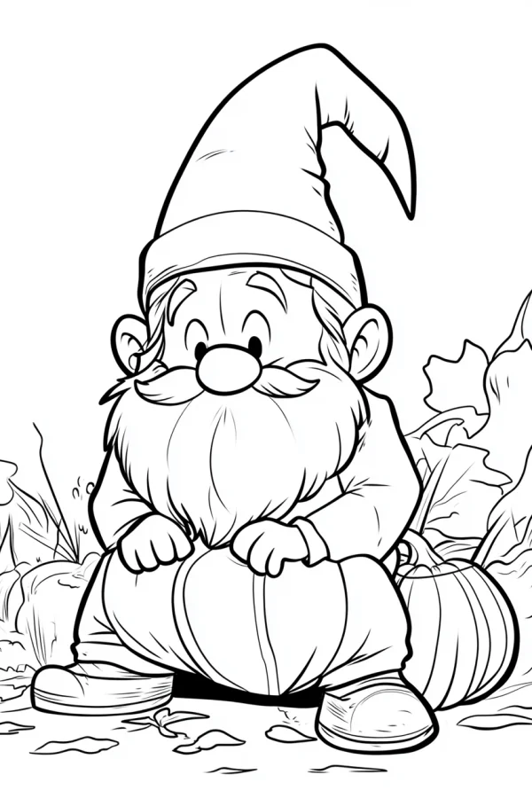 Gnome holding a pumpkin, cartoon style — free printable autumn coloring book page