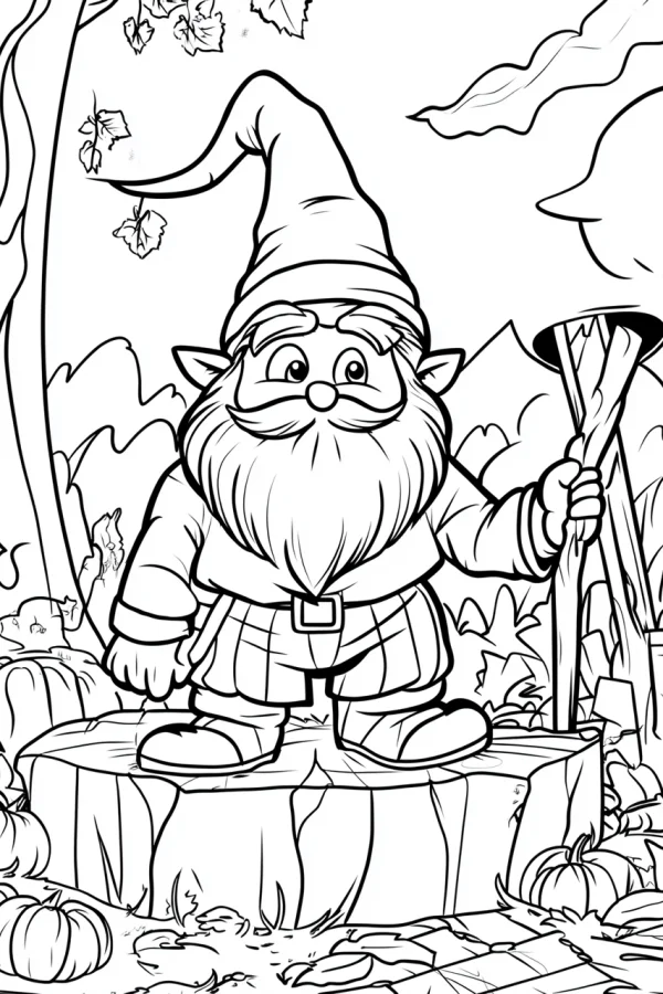 Gnome standing on tree stump, cartoon style — free printable autumn coloring book page