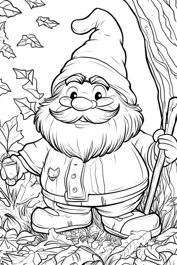 Cartoon garden gnome with a walking stick and mug, standing in fallen autumn leaves beside a tree — free printable autumn coloring book page