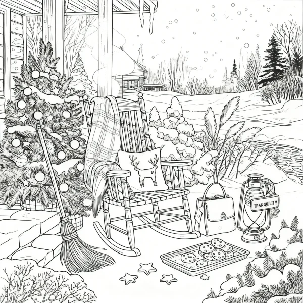 Cozy christmas porch scene with rocking chair and decorated christmas tree, winter snowy landscape with snowflakes — free printable home living coloring book page