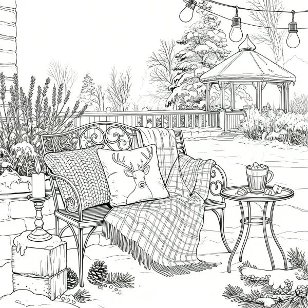 Cozy winter patio scene with lounge chair, reindeer-patterned pillow — free printable outdoor living coloring book page