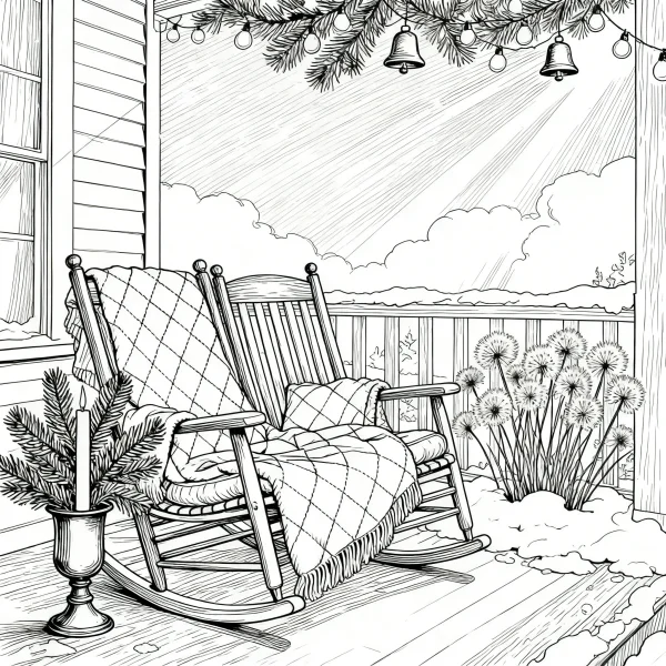 Rocking chairs on christmas porch with holiday decorations, realistic line art style — free printable home life coloring book page