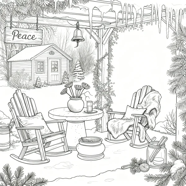 Winter outdoor courtyard leisure scene with rocking chairs, round table and small house — free printable leisure life coloring book page
