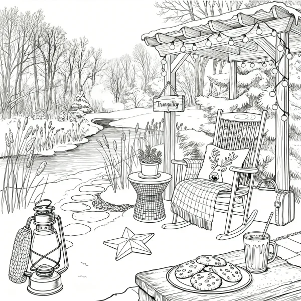 Thanksgiving outdoor leisure scene, winter garden with a stream — free printable thanksgiving coloring book page