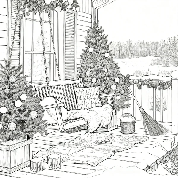 Christmas-themed porch leisure scene, realistic line art style — free printable life scenes coloring book page