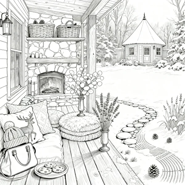 Cozy winter home porch scene with stone fireplace, black and white detailed line art — free printable home life coloring book page