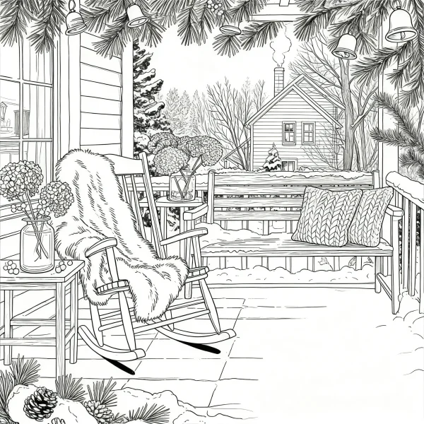 Cozy winter christmas porch scene, realistic line art style — free printable home coloring book page