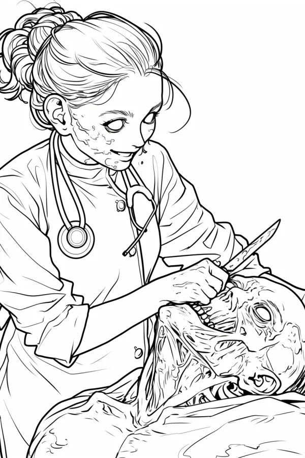 Creepy nurse holding scalpel over zombie skull, horror dark style — free printable occupation coloring book page