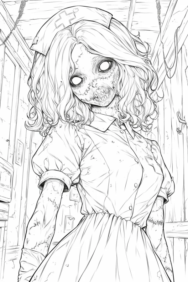 Creepy zombie nurse with stitched face and empty large eyes, dark anime horror style — free printable nurse coloring book page