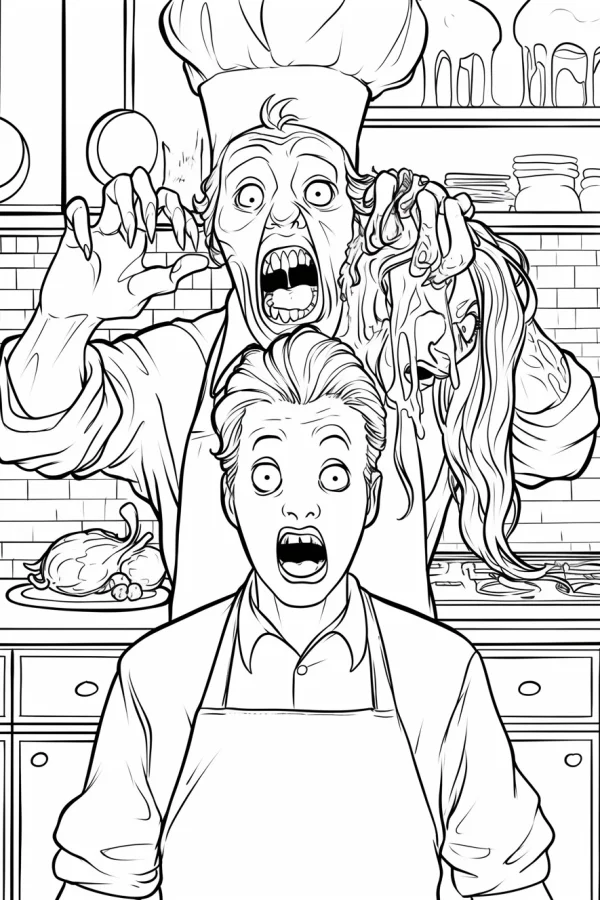 Horror zombie chef with terrified man in kitchen, cartoon horror style — free printable kitchen coloring book page