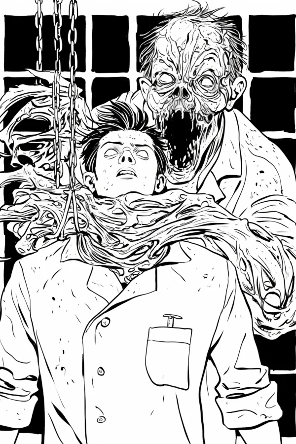 Boy entangled by terrifying tentacle-like monsters with a zombie creature behind, horror dark style — free printable fantasy creatures coloring book page