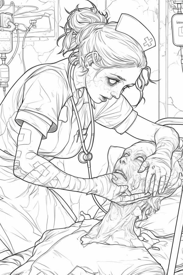 Horror nurse and zombie patient in hospital ward, dark horror realistic style — free printable occupation coloring book page