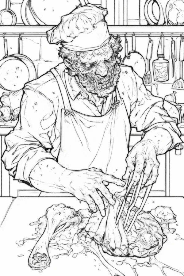 Horror zombie chef, dark realistic illustration style — free printable cooking coloring book page