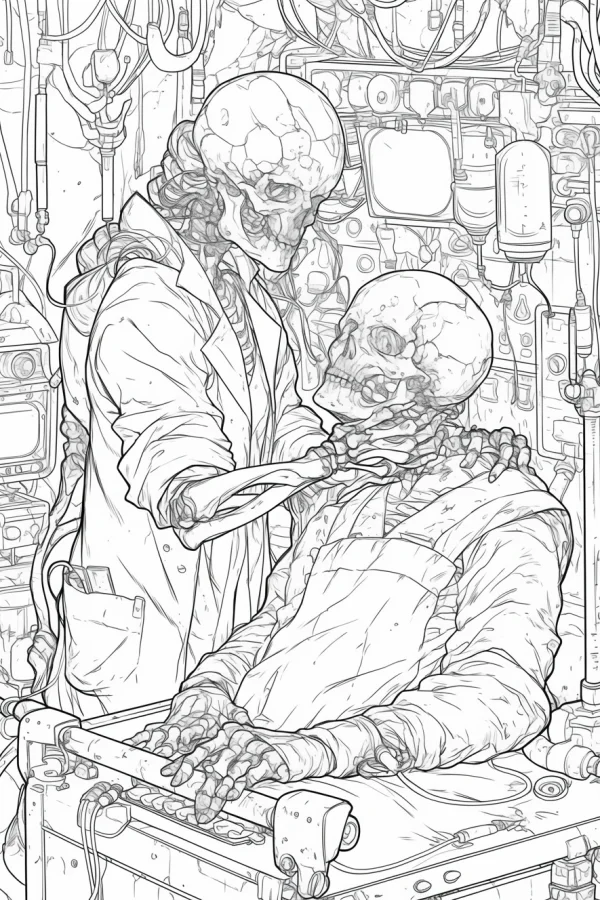 Confronting skeletons in a mechanical control cabin, sci-fi horror style — free printable sci-fi coloring book page