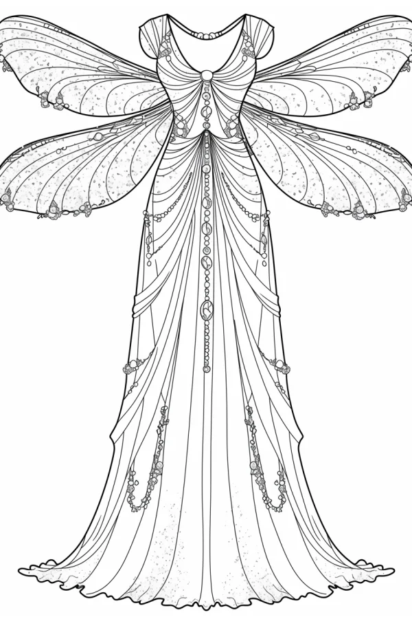 Elegant long gown with butterfly fairy wings, fantasy fashion style — free printable fashion coloring book page