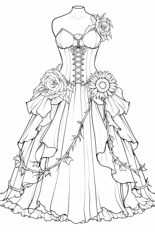 Mannequin with floral decorated gown, realistic line art style — free printable fashion coloring book page