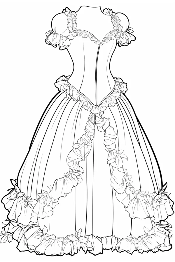 Gorgeous court ball gown, rococo style — free printable fashion coloring book page
